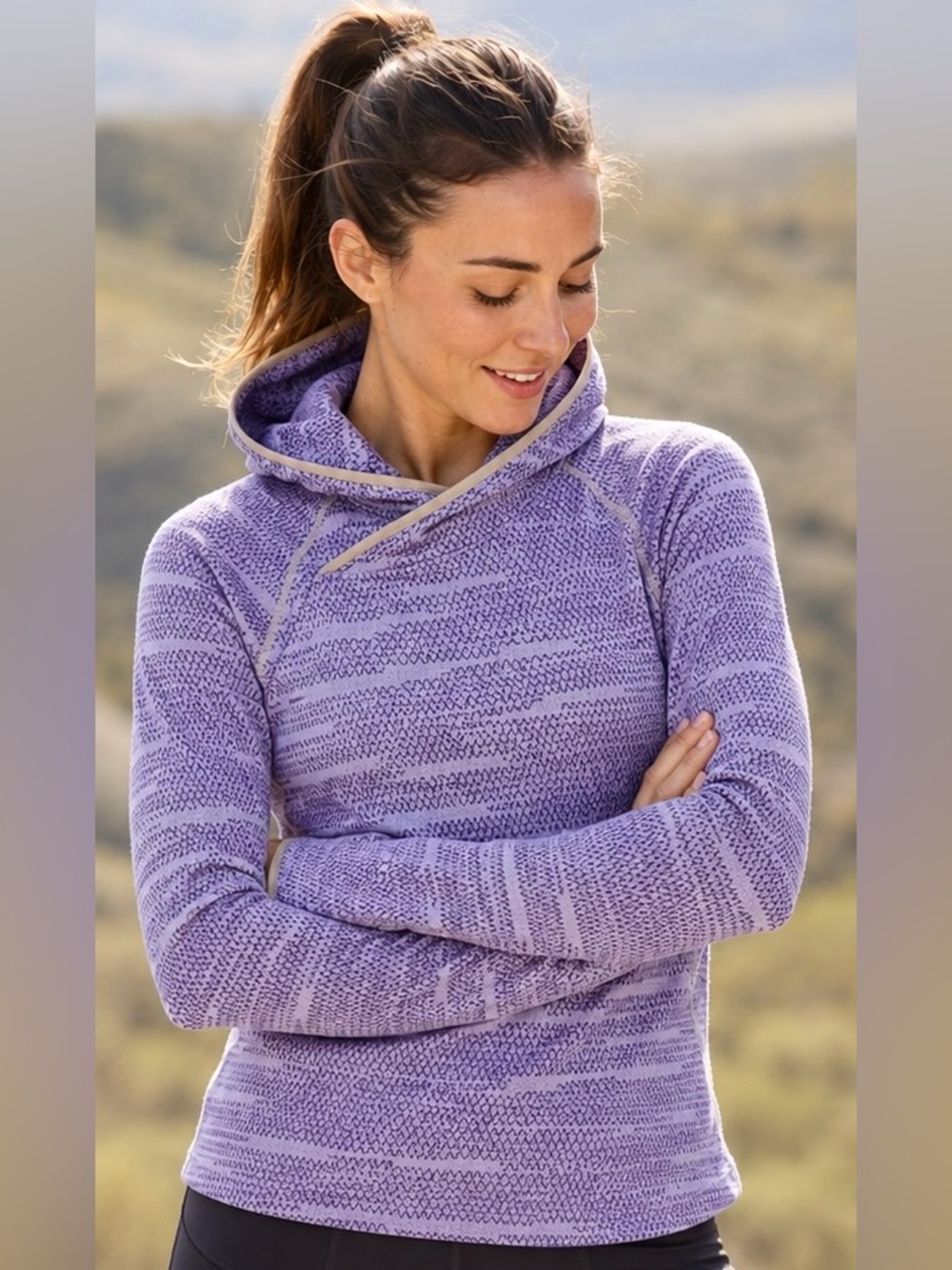 Patagonia Hooded Hiking Performance Top Purple Print Pullover Thumbholes XS